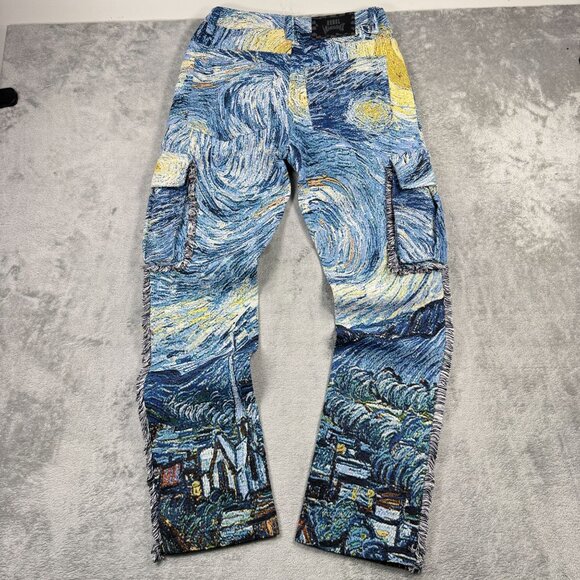 NWT Rebel Vengeance Tapestry Cargo Jeans Mens Starry Night Van Gogh Streetwear - Picture 2 of 8
